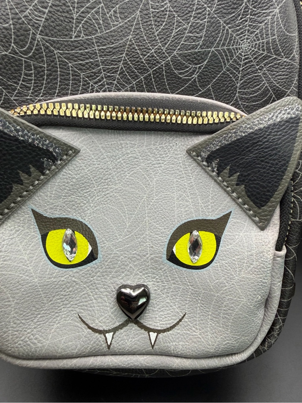Betsey Johnson-Gray Dracula Cat Face & Spider Web print Mini backpack - Picture 2 of 11
